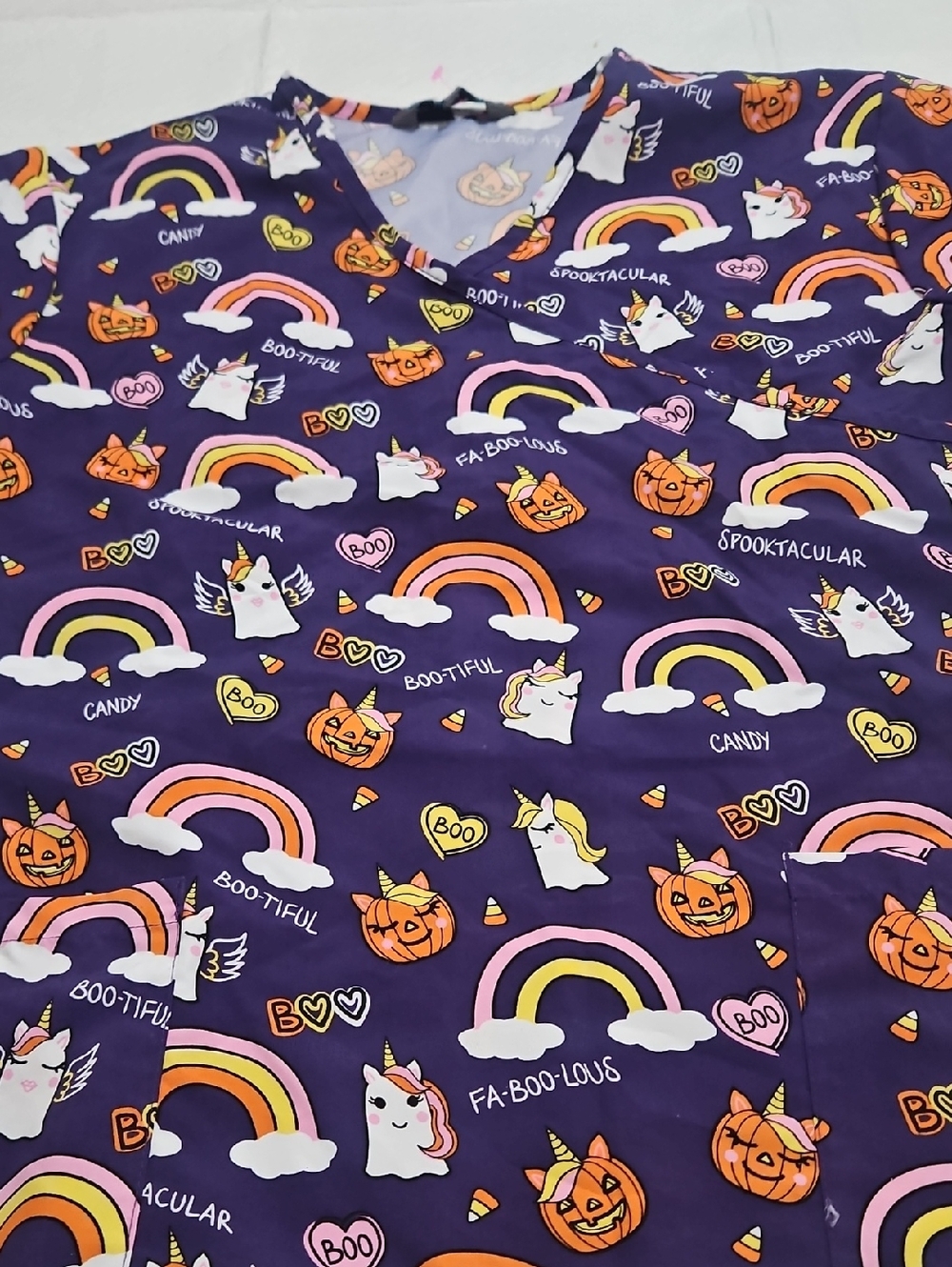 Halloween Unicorn & Pumpkin Print Scrub Top - Purple